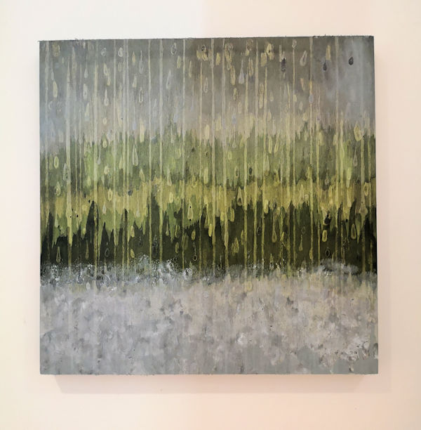 Heavy rain on trees, acrylic on wood panel, 12 x 12 inches square, painted in January of 2022 by Andrea Goodman