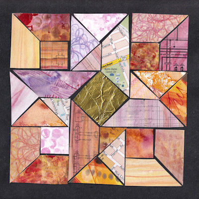Quilt Collage series, using monoprinted and recycled papers and vintage quilt patterns to celebrate the quiltmakers in my family background