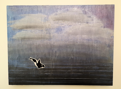 Orca on a cloudy day, pen and ink drawing on a painted wooden panel 11x14