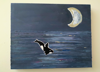 Orca in Moonlight 10 x 12 pen and ink drawing on painted wood panel